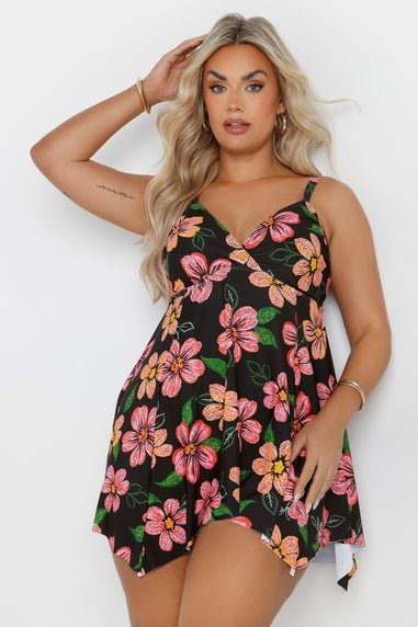 Yours Curve Black Floral Print Hanky Hem Swim Dress