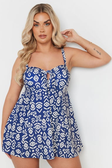 Yours Curve Blue Abstract Print Tie Front Swimdress