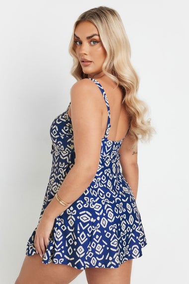 Yours Curve Blue Abstract Print Tie Front Swimdress
