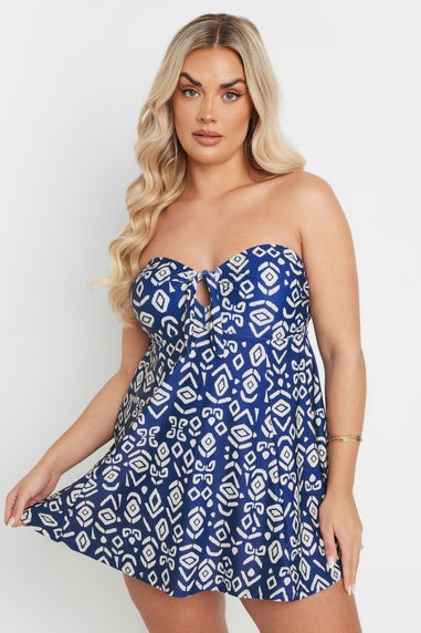Yours Curve Blue Abstract Print Tie Front Swimdress