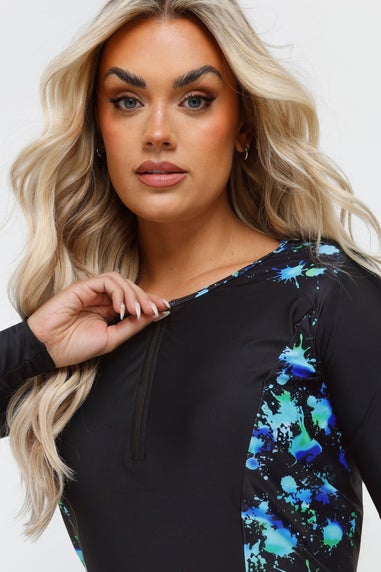 Yours Curve Black & Green Splash Print Swim Top