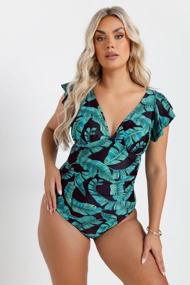 Yours Curve Black Leaf Print Frill Sleeve Swimsuit