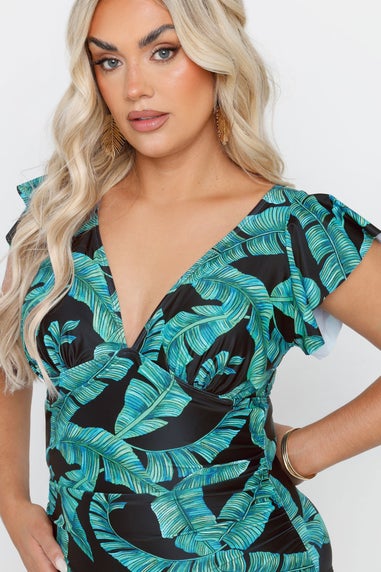 Yours Curve Black Leaf Print Frill Sleeve Swimsuit
