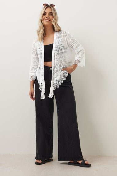 Yours Curve White Lace Trim Waterfall Cardigan