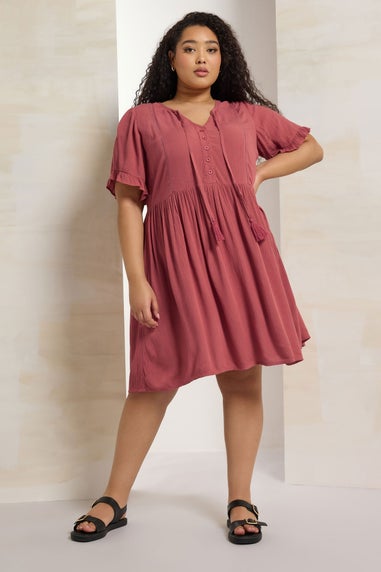 Yours Curve Pink Crochet Trim Tie Neck Mini Dress