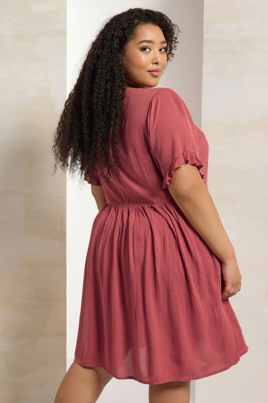 Yours Curve Pink Crochet Trim Tie Neck Mini Dress