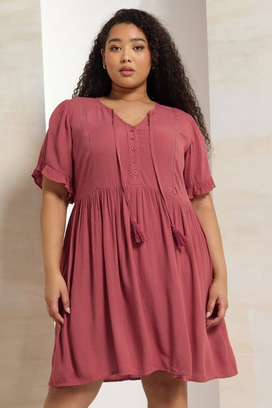 Yours Curve Pink Crochet Trim Tie Neck Mini Dress