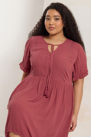 Yours Curve Pink Crochet Trim Tie Neck Mini Dress