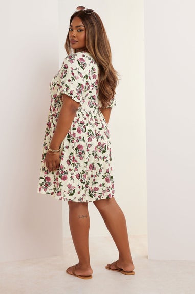 Yours Curve Cream Floral Crochet Trim Tie Neck Mini Dress