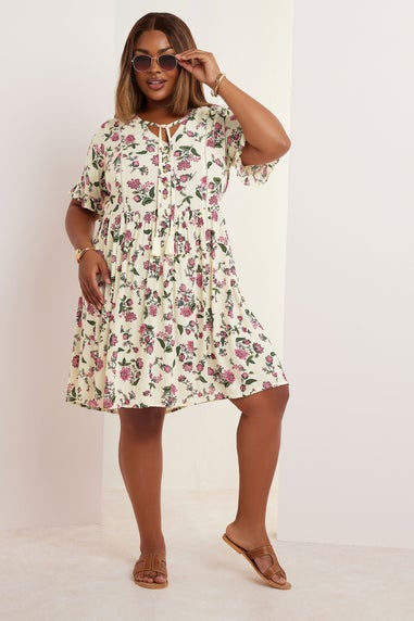 Yours Curve Cream Floral Crochet Trim Tie Neck Mini Dress