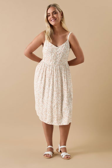 Yours Curve White Ditsy Floral Print Strappy Sundress