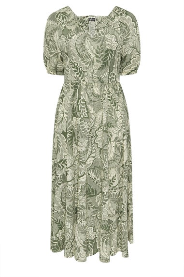 Yours Curve Green Leaf Print Tie Neck Midaxi Dress