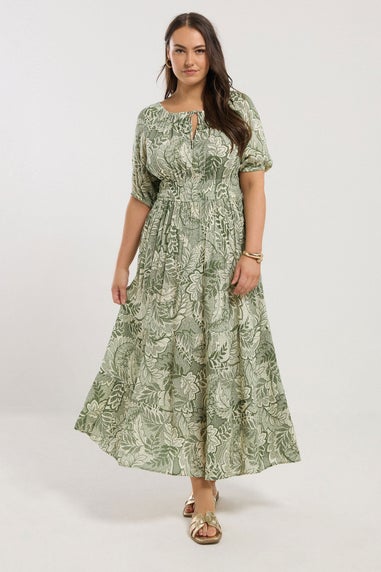 Yours Curve Green Leaf Print Tie Neck Midaxi Dress