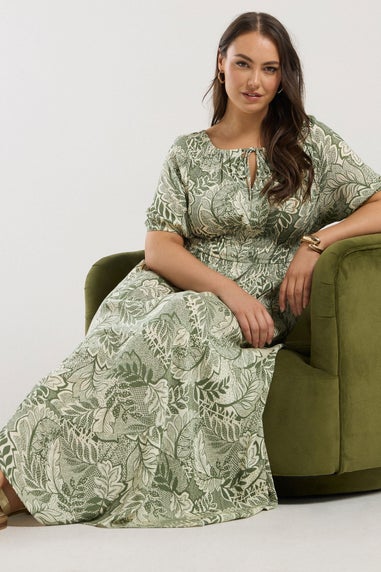 Yours Curve Green Leaf Print Tie Neck Midaxi Dress