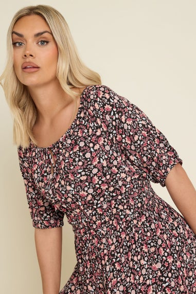 Yours Curve Black Ditsy Floral Print Tie Neck Midaxi Dress