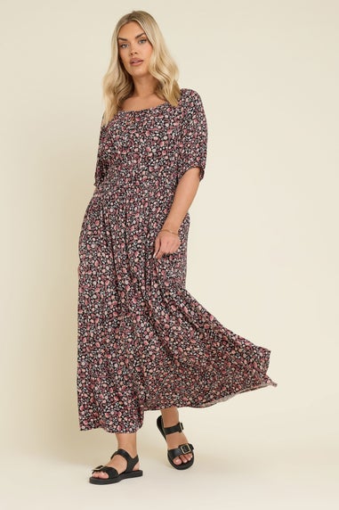 Yours Curve Black Ditsy Floral Print Tie Neck Midaxi Dress