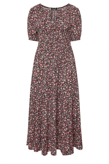 Yours Curve Black Ditsy Floral Print Tie Neck Midaxi Dress