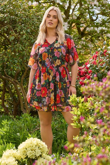Yours Curve Black Floral Tie Neck Ruffle Mini Dress