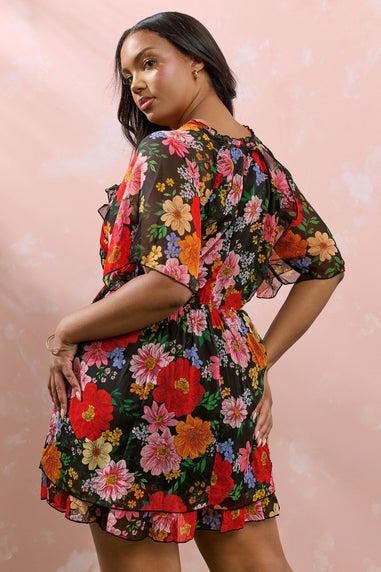 Yours Curve Black Floral Tie Neck Ruffle Mini Dress