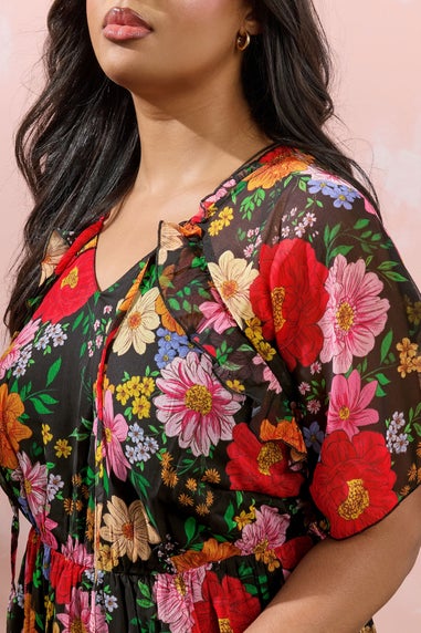 Yours Curve Black Floral Tie Neck Ruffle Mini Dress