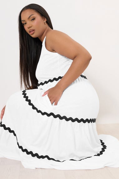 Yours Curve White Contrast Swirl Tiered Maxi Dress
