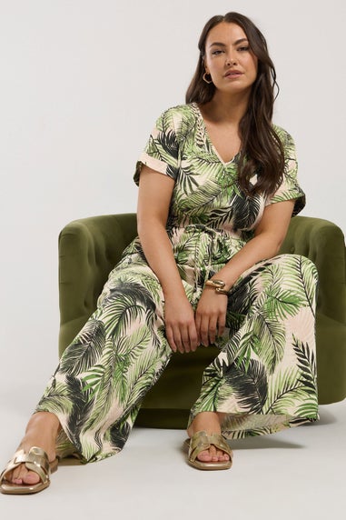 Yours Curve White Palm Print Tie Front Jumpsuit