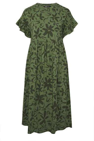 Yours Curve Khaki Green Floral Frill Cotton Midaxi Dress