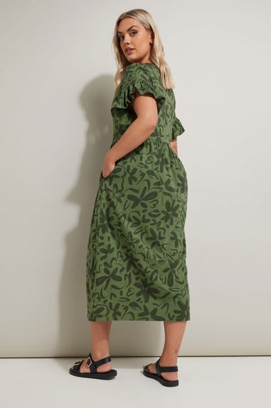 Yours Curve Khaki Green Floral Frill Cotton Midaxi Dress
