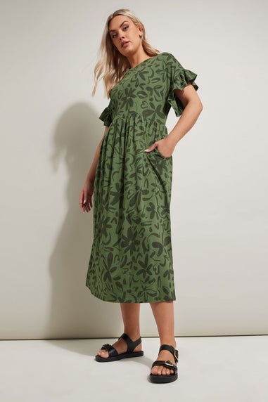 Yours Curve Khaki Green Floral Frill Cotton Midaxi Dress