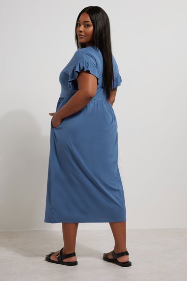 Yours Curve Blue Frill Sleeve Cotton Midaxi Dress