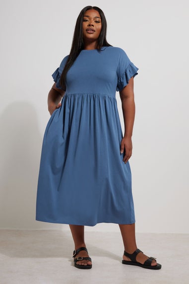 Yours Curve Blue Frill Sleeve Cotton Midaxi Dress