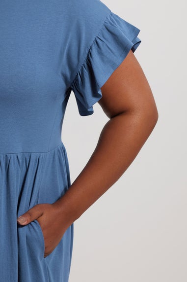 Yours Curve Blue Frill Sleeve Cotton Midaxi Dress