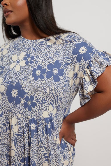 Yours Curve Blue Floral Print Frill Sleeve Midaxi Dress