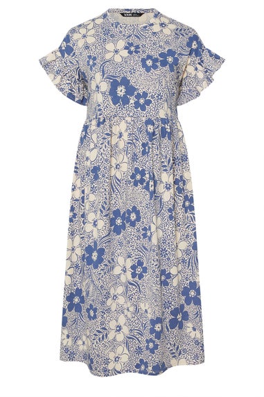 Yours Curve Blue Floral Print Frill Sleeve Midaxi Dress