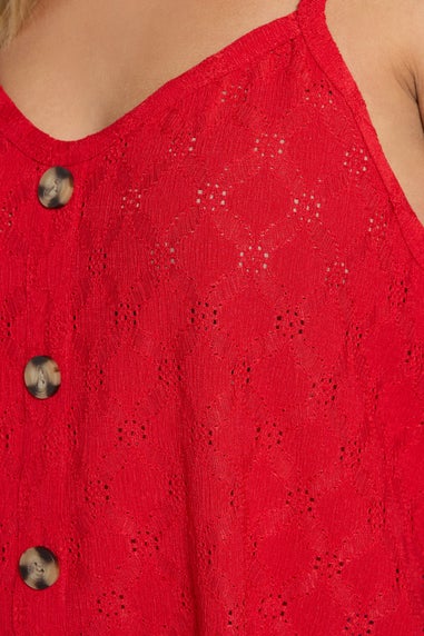 Yours Curve Red Broderie Anglaise Button Vest Top