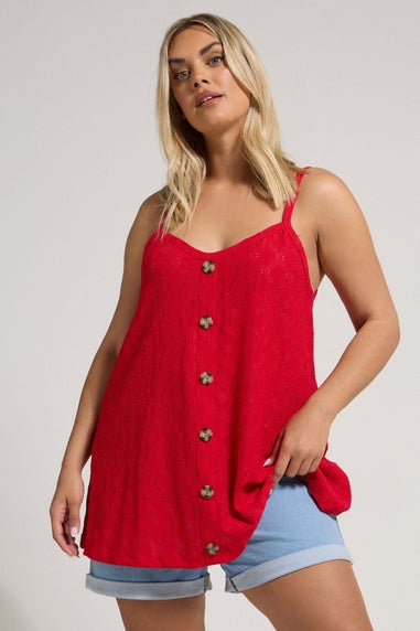 Yours Curve Red Broderie Anglaise Button Vest Top