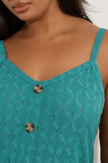 Yours Curve Teal Green Broderie Anglaise Button Vest Top
