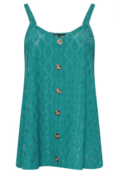 Yours Curve Teal Green Broderie Anglaise Button Vest Top