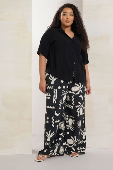 Yours Curve Black Abstract Print Twill Wide Leg Trousers