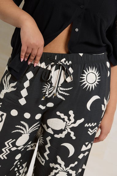 Yours Curve Black Abstract Print Twill Wide Leg Trousers