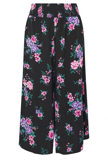 Yours Curve Black Floral Print Shirred Wide Leg Trousers