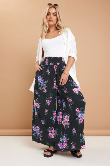 Yours Curve Black Floral Print Shirred Wide Leg Trousers