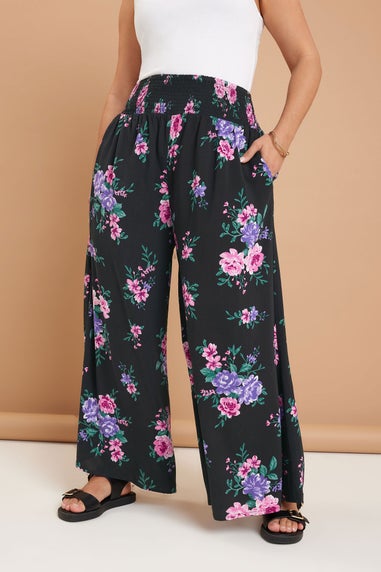 Yours Curve Black Floral Print Shirred Wide Leg Trousers