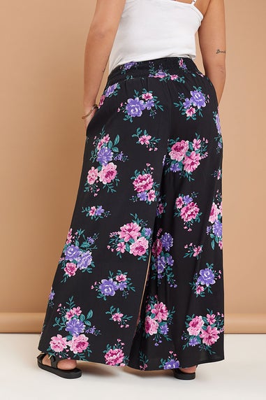 Yours Curve Black Floral Print Shirred Wide Leg Trousers