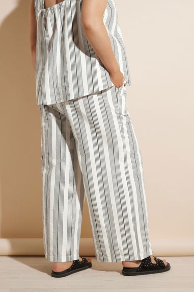 Yours Curve White Stripe Belted Wide Leg Linen Trousers