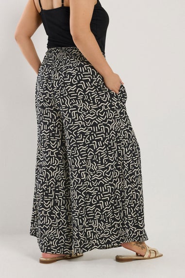 Yours Curve Black Abstract Print Shirred Waist Trousers