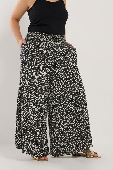 Yours Curve Black Abstract Print Shirred Waist Trousers