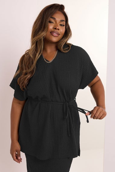 Yours Curve Black Belted Textured Tunic Top