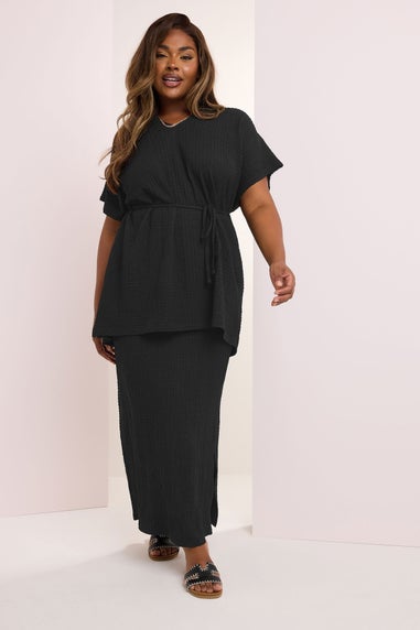 Yours Curve Black Belted Textured Tunic Top