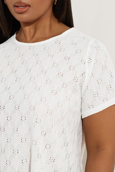 Yours Curve White Broderie Anglaise Textured Swing Top